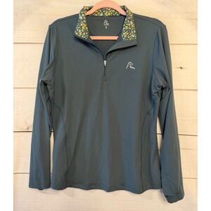 Rhoback Womens Large Q-Zip Performance Pullover Green Floral Collar Thumbholes